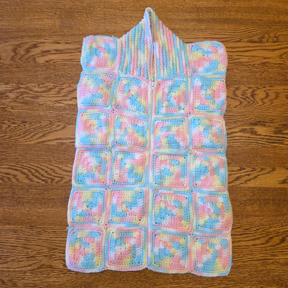 Handmade Crochet Granny Square Sleep Sack Pastel Zip Front Baby Blanket Gift